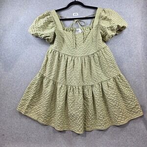 Princess Polly Yellow Green Gingham Puff Sleeve Tiered Babydoll Mini Dress US 6